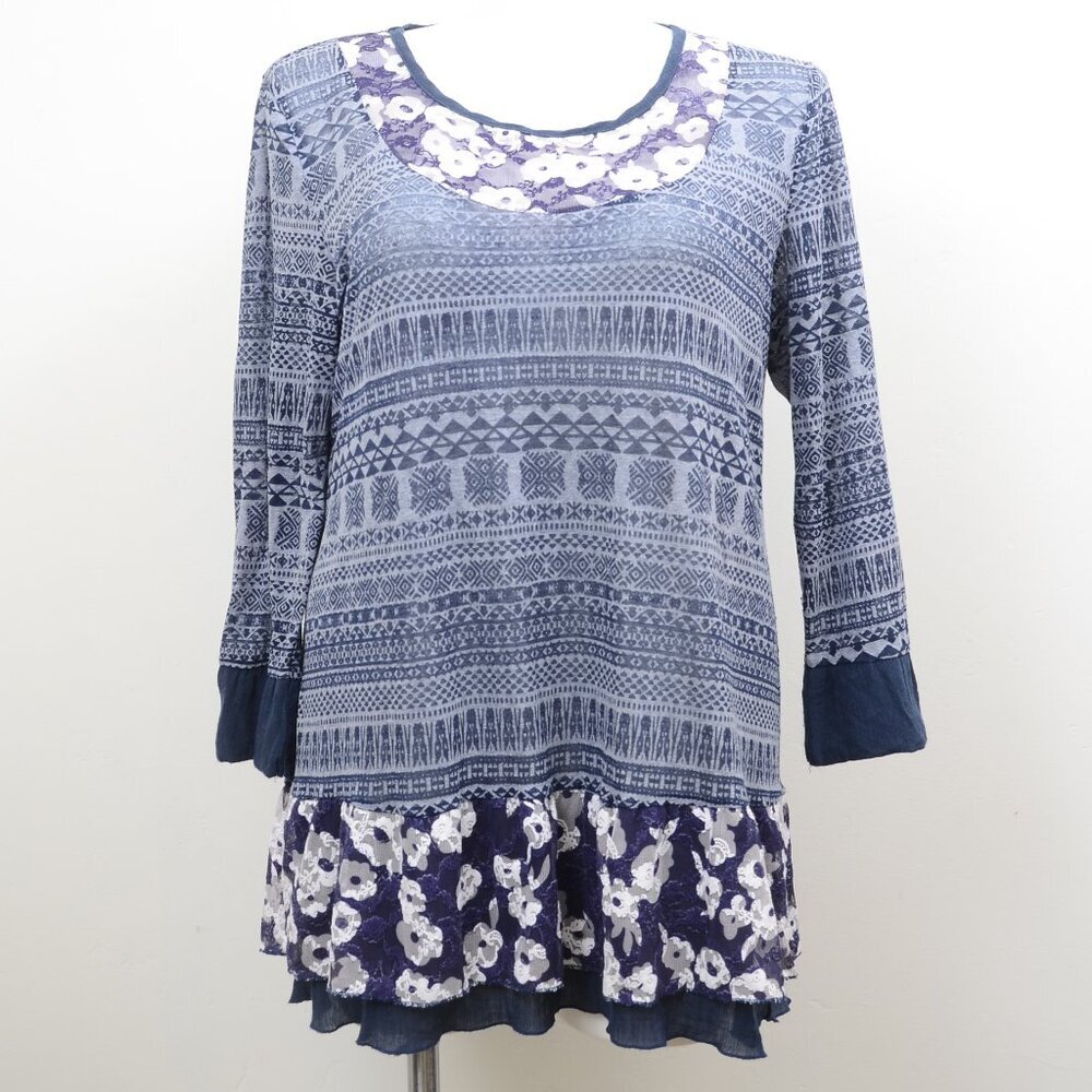 Aster by Firmiana Plus Size 2X Scoop Neck Long Sleeve Ruffled Tunic Blue Top